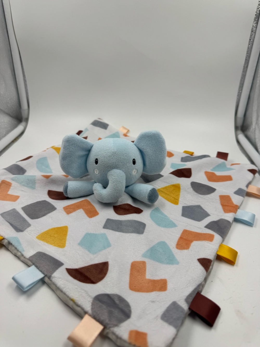 Elephant Lovey Baby Blue Gray Geometric Ribbon Tags Security Parents Choice 12in